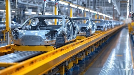 A long line of car bodies on a moving assembly line in a car factory. Modern Car Production Line in Advanced Auto Factory with Precision Machinery and Robotics.