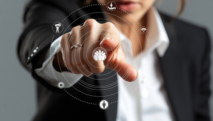 A business professional points towards digital network icons, showcasing advanced technology concepts