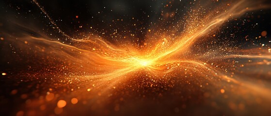 Obraz premium Golden cosmic explosion with bright particles flowing through dark space abstract background
