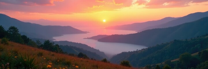 Obraz premium Misty dawn breaking over the rolling hills and distant mountain ranges, mist, hills, dawn