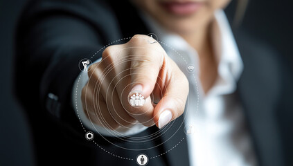 A business professional points towards digital network icons, showcasing advanced technology concepts