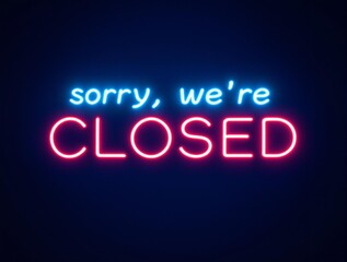 vibrant neon sign for closed notice, white and red text on dark blue background, sleek and modern look with glowing effect