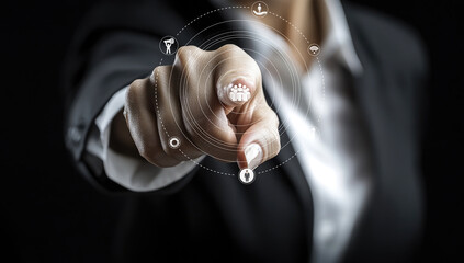 A business professional points towards digital network icons, showcasing advanced technology concepts