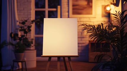 Empty canvas on easel in cozy room setting.