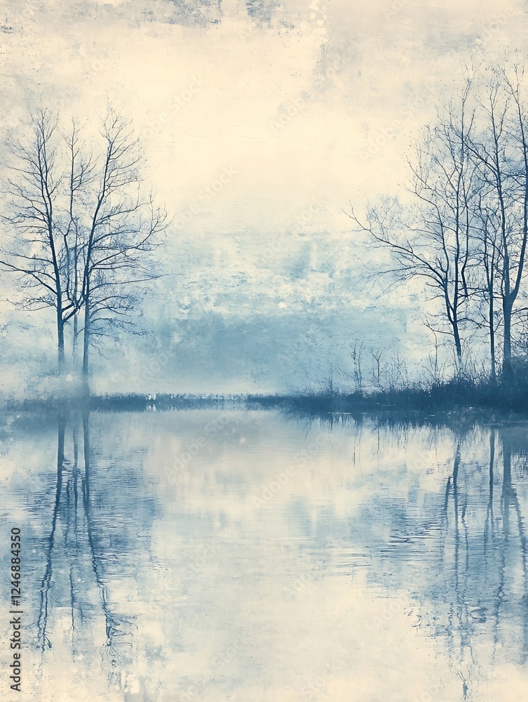 Poster serene frosty winter scene with leafless trees reflected in icy lake : generative ai