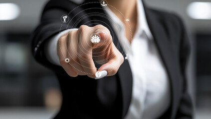 A business professional points towards digital network icons, showcasing advanced technology concepts