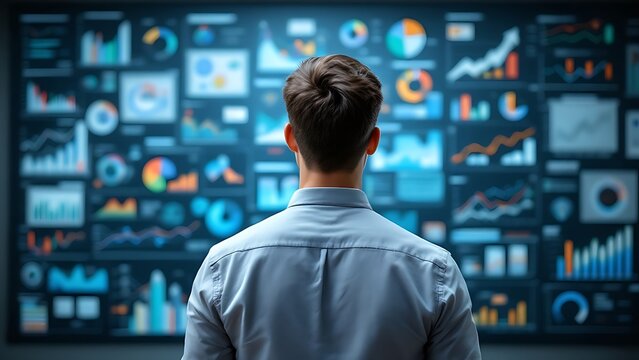 Businessman analyzing data charts and financial reports on a wall. Corporate strategy, data-driven decision making in a modern business environment.