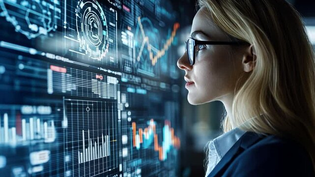 Data Driven Decision: A focused businesswoman wearing glasses analyzes data displayed on a large digital screen.