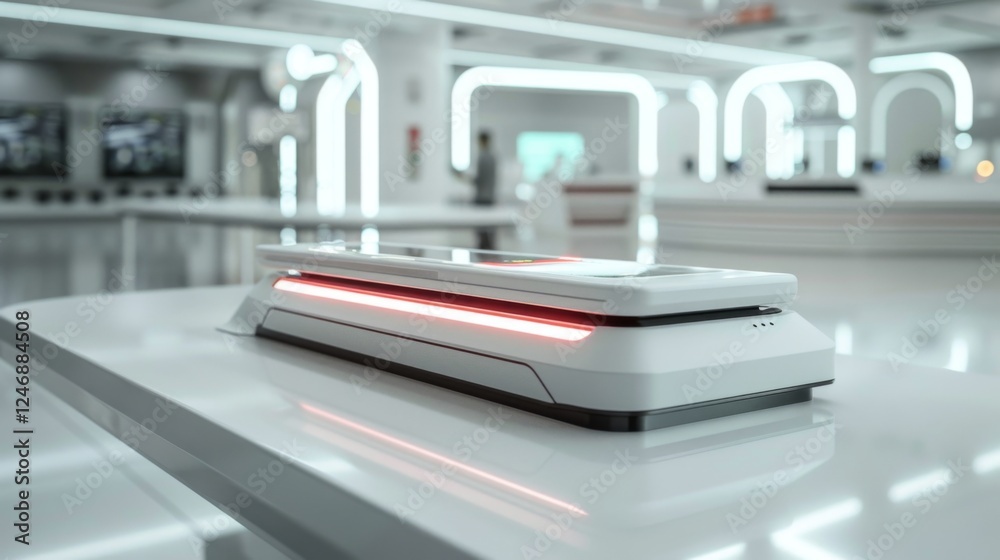Poster a sleek, white device equipped with glowing led lights sits on a polished table in a modern exhibiti