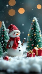 Miniature winter scene with a snowman and trees, holiday gift, present