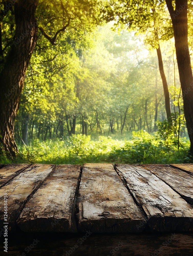 Poster sunlit forest landscape with rustic wooden planks in foreground : generative ai
