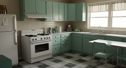 Fototapeta premium Retro 1950s Kitchen with Vintage Appliances and Checkered Floor