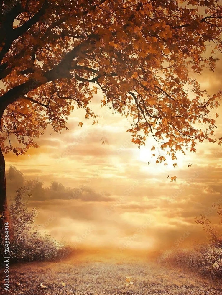 Poster serene autumn landscape with golden trees and soft sunlight over rolling cloudy hills : generative a