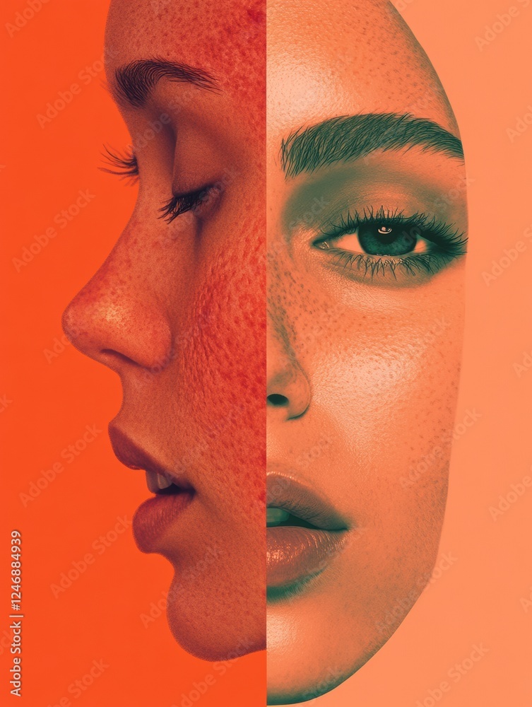Poster comparison of skin conditions highlighting acne and redness on one side and smooth glowing skin on t