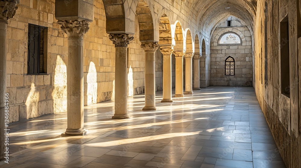 Poster tranquil medieval cloister corridor with sunlit stone columns and archways : generative ai