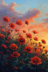 Obraz premium Vibrant Red Poppies Swaying Gently Against a Fiery Sunset Sky in an Impressionistic Style