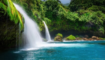 Fototapeta premium Vibrant summer waterfall cascading into a crystal clear turquoise pool surrounded by lush greenery