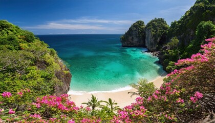 Vibrant summer oasis with turquoise waters and blooming flowers in a tropical paradise