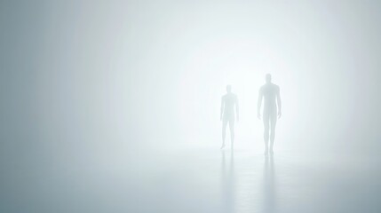 Fototapeta premium Figures emerging from a misty, ethereal environment.