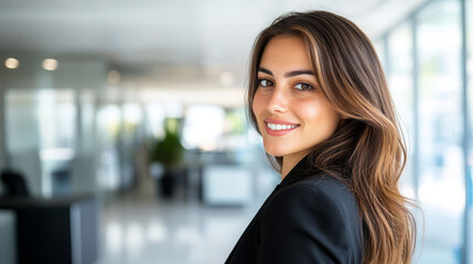 Fototapeta premium Confident businesswoman smiling in a modern office setting, radiating professionalism, positivity, and leadership qualities.