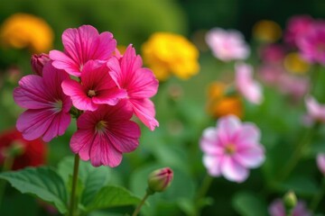 Fototapeta premium Geranium robertianum flowers in a garden bed with other flowering plants, garden, color