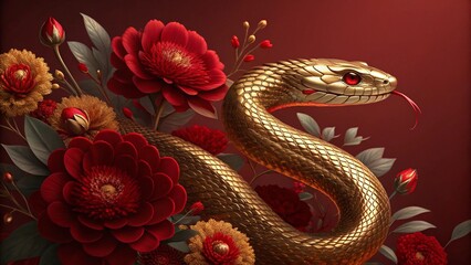 Obraz premium Elegant Golden Snake with Red Floral Ornaments
