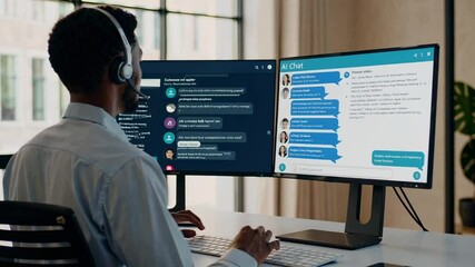 Efficient customer support agent using ai powered chat software, providing assistance and resolving queries in a fast paced environment, shown in slow motion