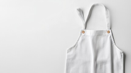 White apron with a wooden button displayed on a neutral background for culinary or fashion purposes