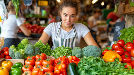 Fototapeta premium A woman in a striped apron stands confidently among colorful veg