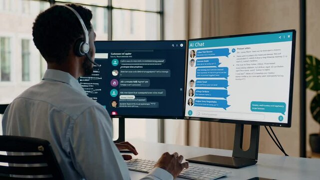 Efficient customer support agent using ai powered chat software, providing assistance and resolving queries in a fast paced environment, shown in slow motion