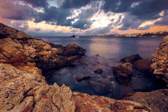 Rocky coastline and seascape, St Pauls Bay, Malta