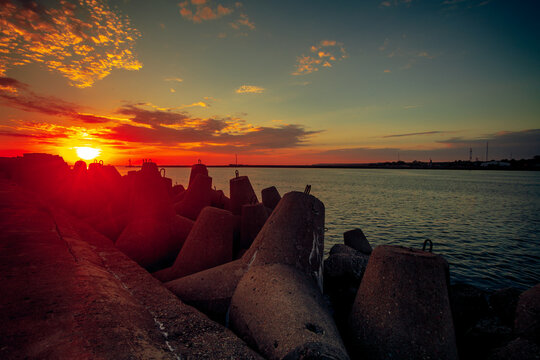 Close-up of concrete tetrapods along the Baltic Sea at sunset, Lithuania