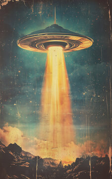 Retro Sci-Fi UFO with a Beam of Light &ndash; Poster 50s, Perfect for Vintage Movie Posters, Alien Invasion Themes, Book Covers, and Science Fiction Artwork