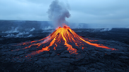glowing molten lava and ash clouds