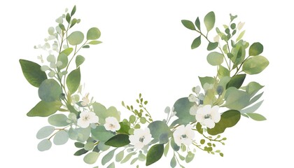 Obraz premium Watercolor floral wreath, eucalyptus leaves, white flowers, wedding invitation background