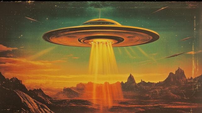 Retro Sci-Fi UFO with a Beam of Light &ndash; Poster 50s, Perfect for Vintage Movie Posters, Alien Invasion Themes, Book Covers, and Science Fiction Artwork