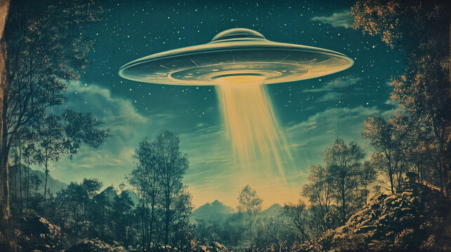 Retro Sci-Fi UFO with a Beam of Light &ndash; Poster 50s, Perfect for Vintage Movie Posters, Alien Invasion Themes, Book Covers, and Science Fiction Artwork