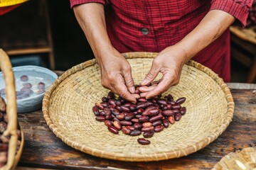 Farmers hands carefully sorting freshly harvested cocoa beans in a woven basket under natural light