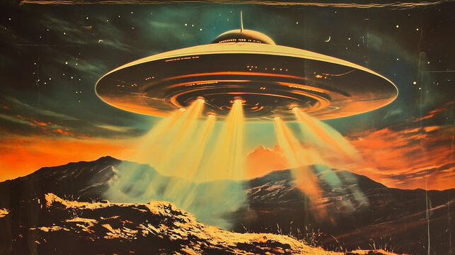 Retro Sci-Fi UFO with a Beam of Light &ndash; Poster 50s, Perfect for Vintage Movie Posters, Alien Invasion Themes, Book Covers, and Science Fiction Artwork