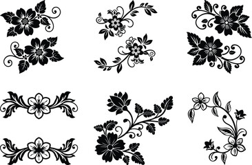 A beautiful Floral ornaments isolated vector illustration set design, Floral ornaments silhouette vector art, Floral ornaments line art vector icon design
