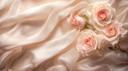 Bouquet of red and pink roses arranged on white satin fabric background