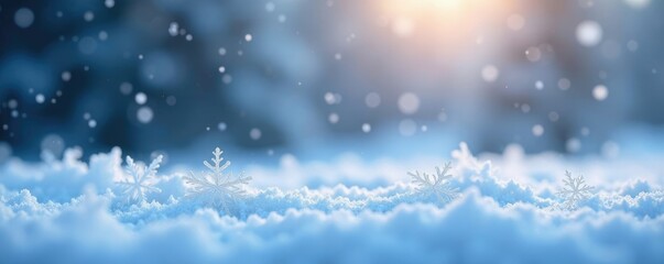 Frosty snowflakes gently falling on white ground, icy, wintry, frosty