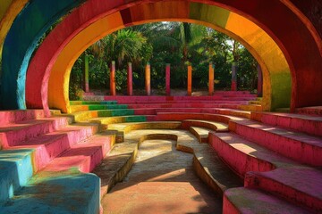 A vibrant, colorful amphitheatre located in a tropical setting . A colorful stage with steps, set against a backdrop of a tree, enhancing the scene's visual appeal.