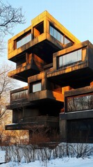 A massive blocky Brutalist university with overhanging rectangular slabs and deep-set windows