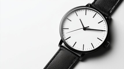Black and white wristwatch positioned on a white surface showcasing its design and details