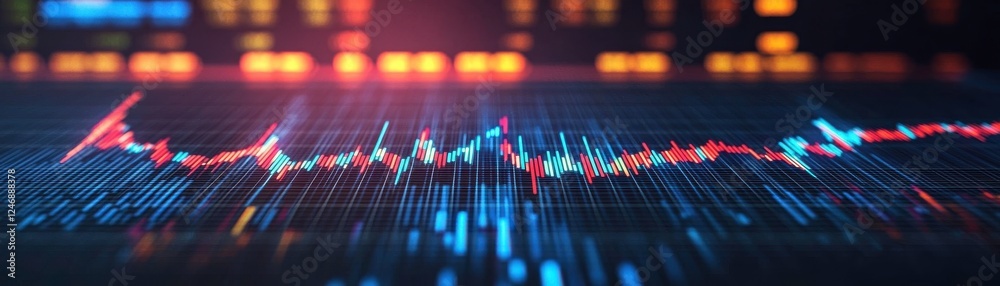 Poster a colorful digital graph displaying fluctuating data trends against a dark background, emphasizing a