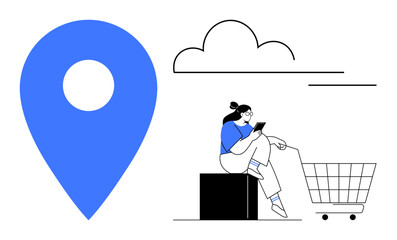 Location pin, woman on a box using smartphone, shopping cart, and cloud. Ideal for themes of shopping, location services, online shopping, tech usage, modern lifestyle delivery services digital