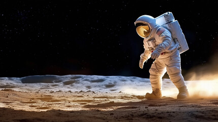 An astronaut walks on the moon's surface, leaving footprints in