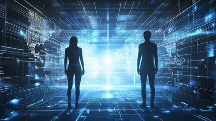 Obraz premium Futuristic digital environment with silhouettes.