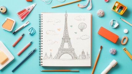 creative workspace featuring sketch of Eiffel Tower surrounded by colorful stationery and art supplies, evoking inspiration and artistic expression